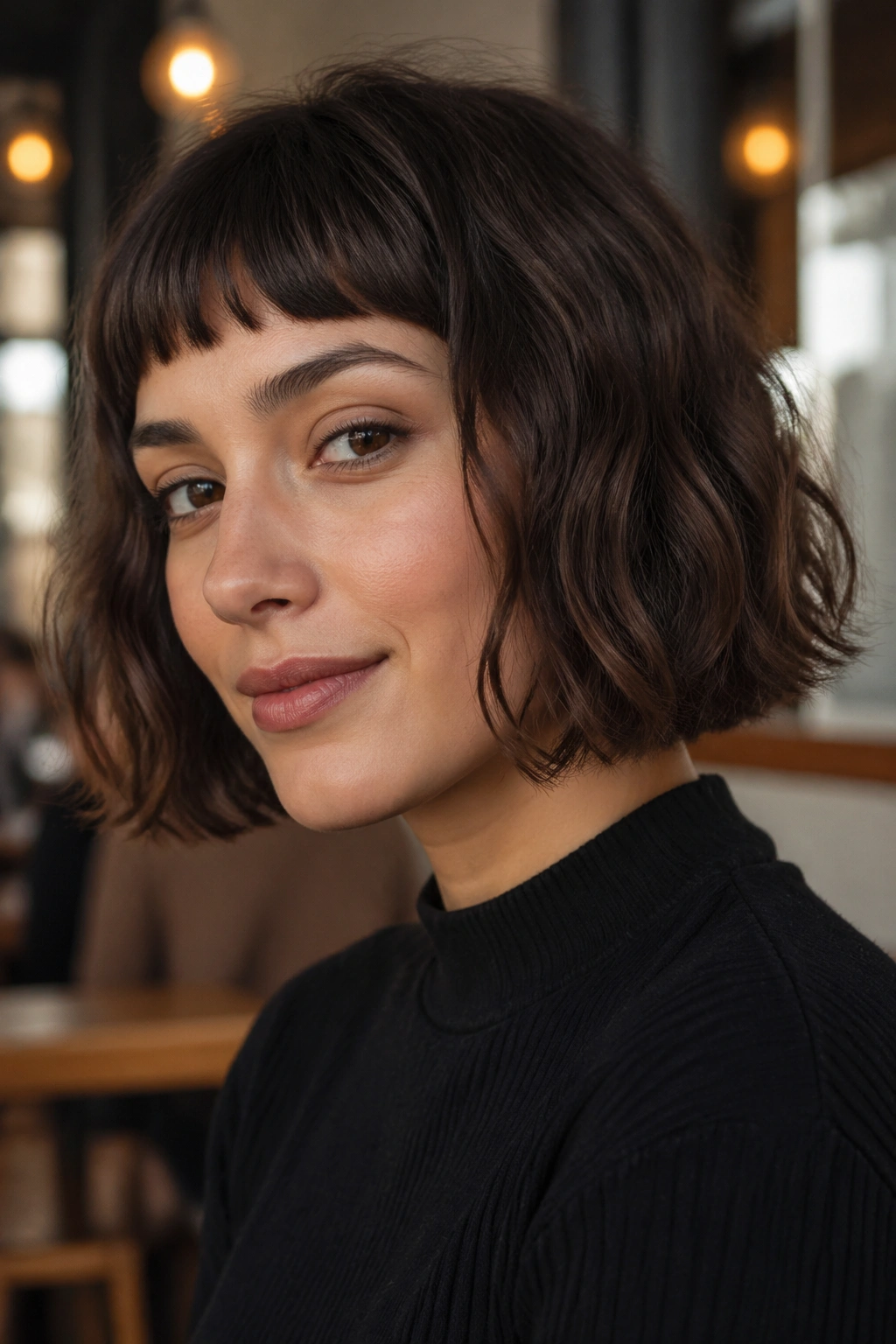 Close-up portrait of a woman with a chin-length bob and baby bangs in warm cafe lighting.