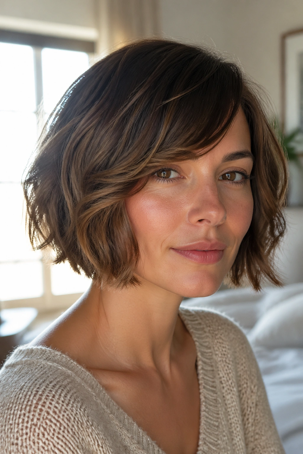 Close-up portrait of a real woman with chin-length wavy bob and side fringe