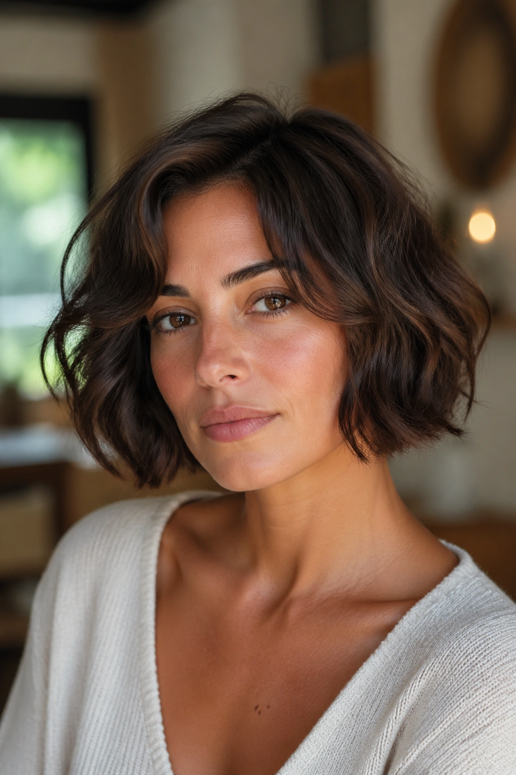 Close-up of a real woman with a chin-length French bob for thick wavy hair, warm window light.