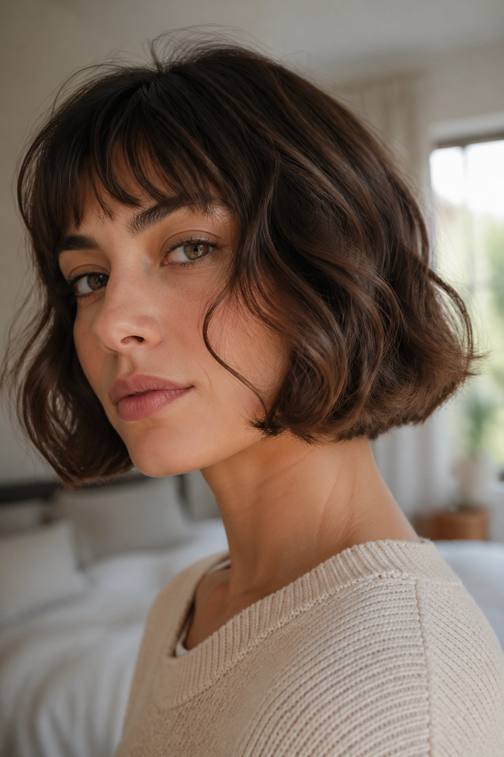 Real woman with chin-length French bob and soft wave, close-up portrait in natural window light