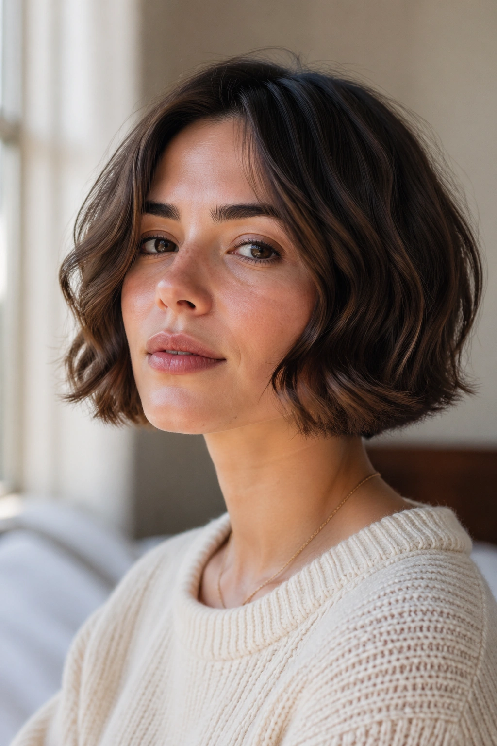 Close-up of a woman with a chin-length wavy bob framing the chin