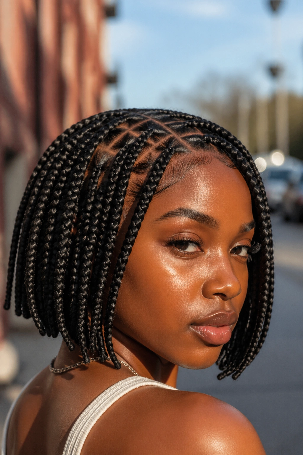 Close-up of real person with chin-length box braids featuring a back-star finish.