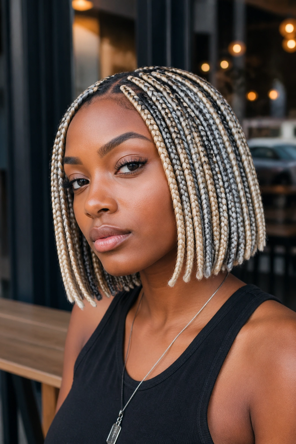 Portrait of a real person with chin-length blonde and grey box braids under natural daylight.