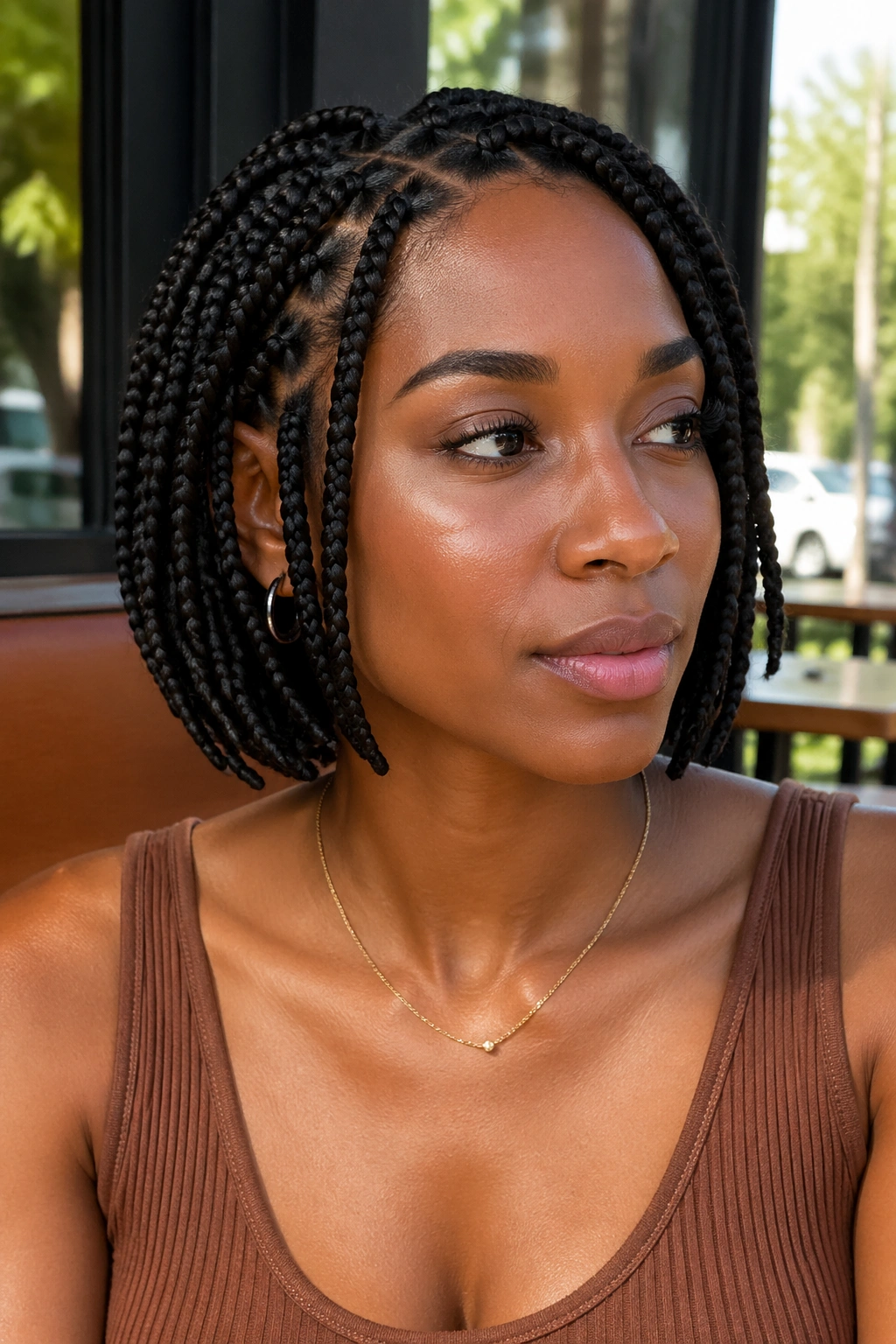 Close-up portrait of a real woman with chin-length box braids, neatly sealed ends