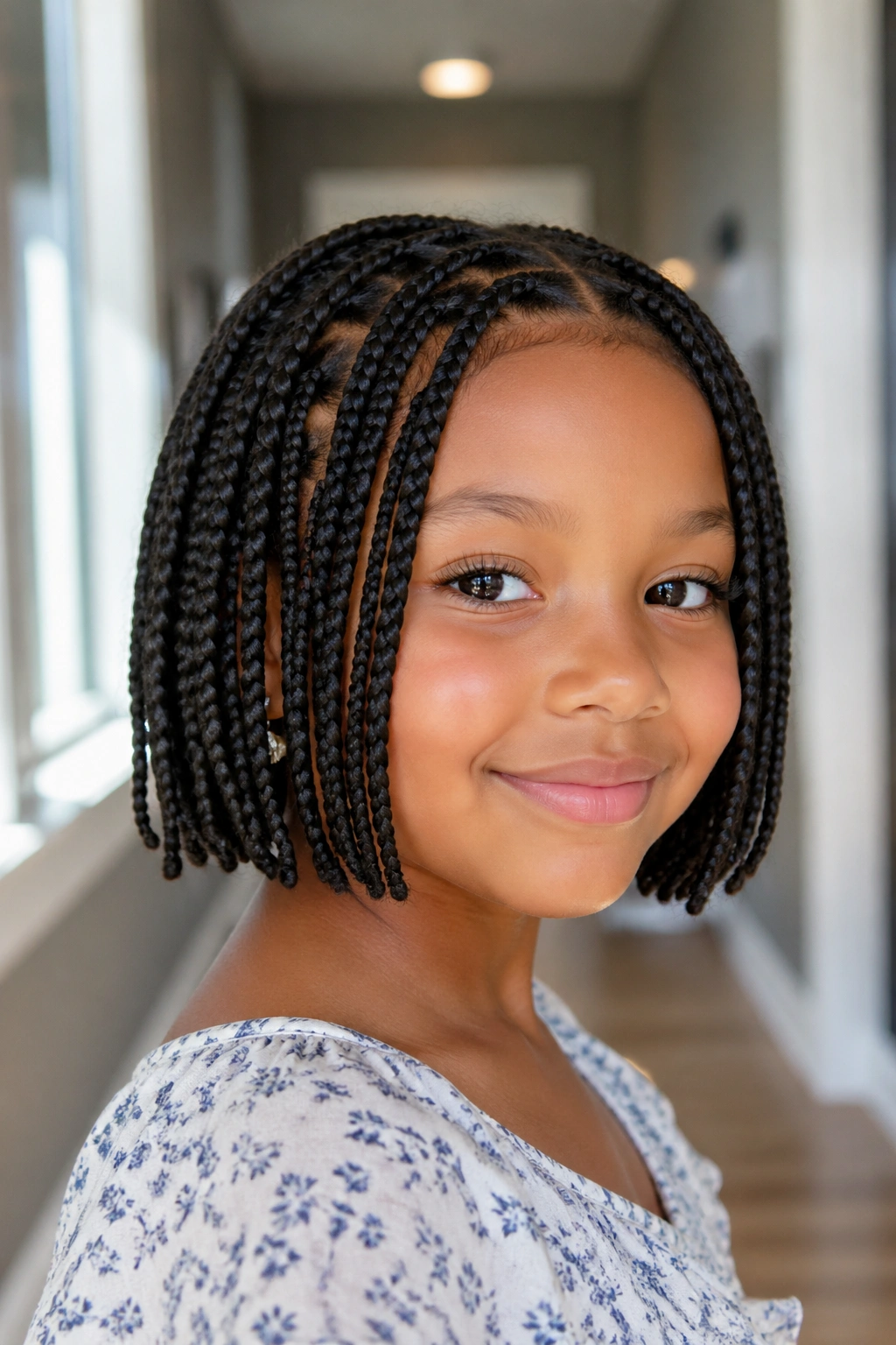 Close-up of child with chin-length box braid bob in daylight