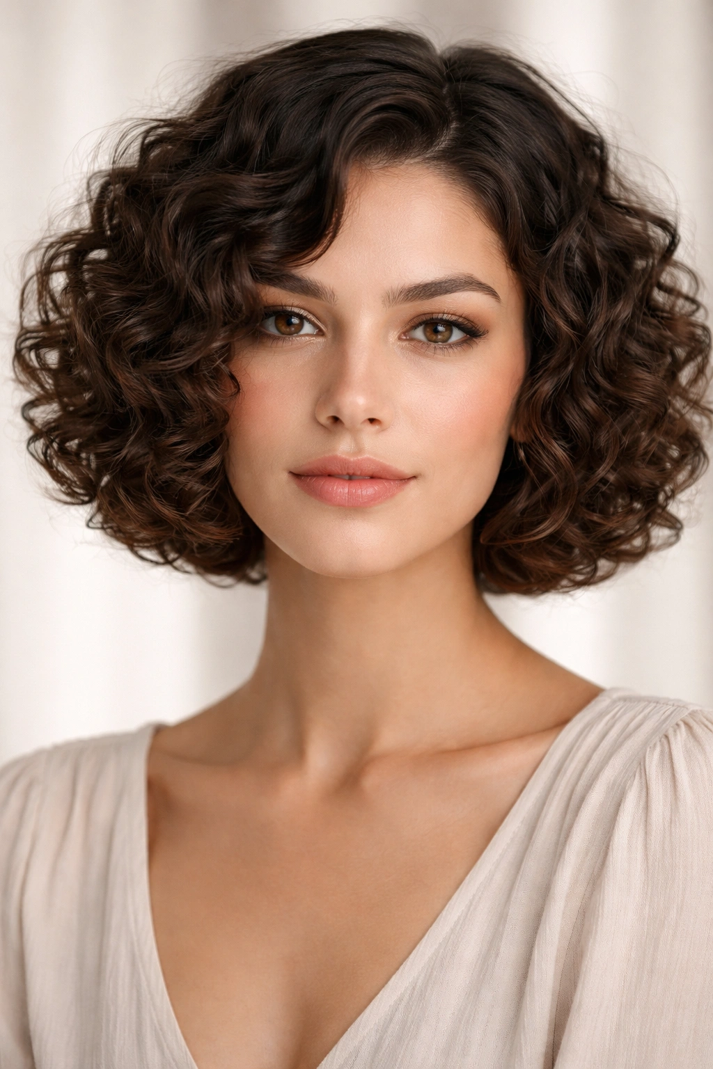 Close-up portrait of chin-length curly bob framing the jaw with tidy perimeter