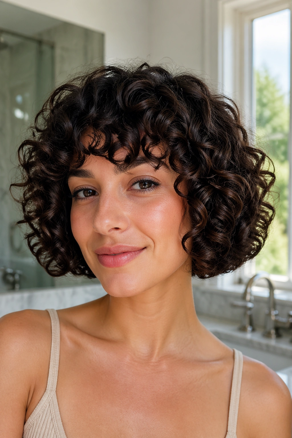 Close-up of real person in chin-length curly bob with crisp perimeter under bright window light