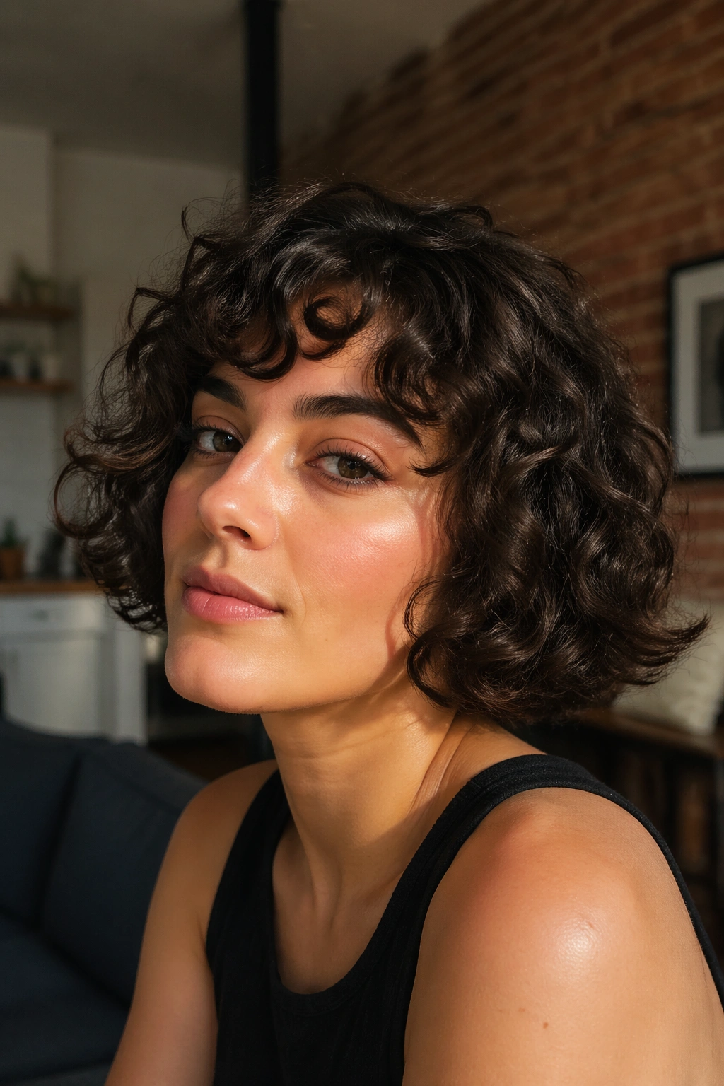 Close-up portrait of a real woman with a chin-length curly bob and flipped ends
