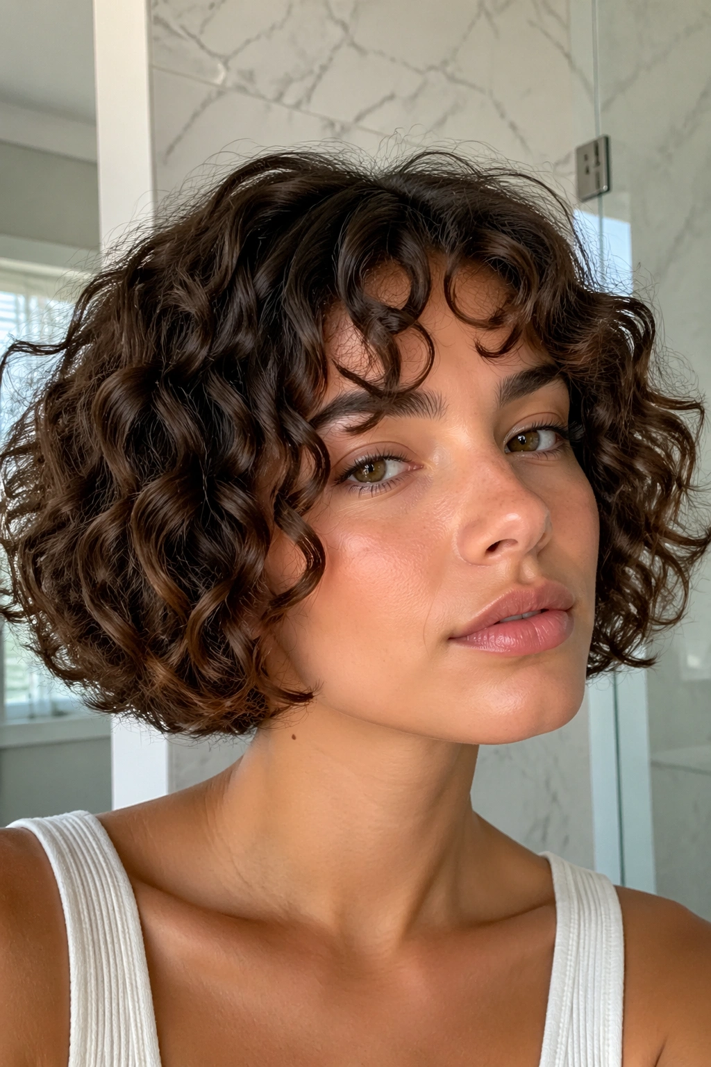 Close-up of a real woman's chin-length curly bob hairstyle
