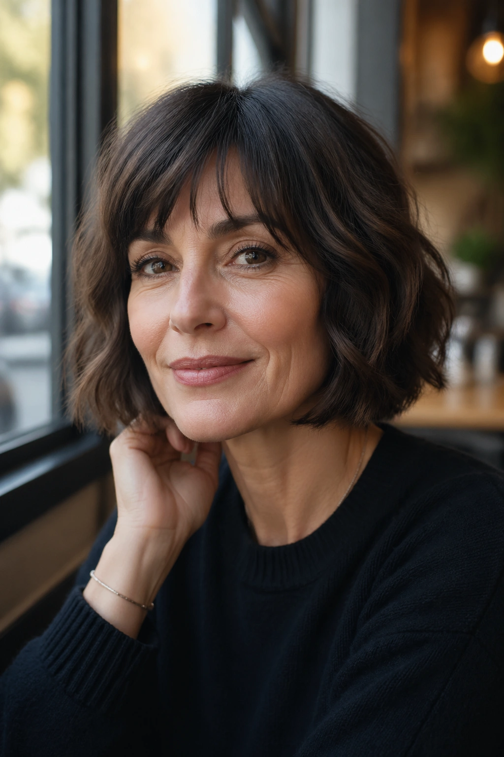Close-up portrait of a real woman with a chin-length French bob