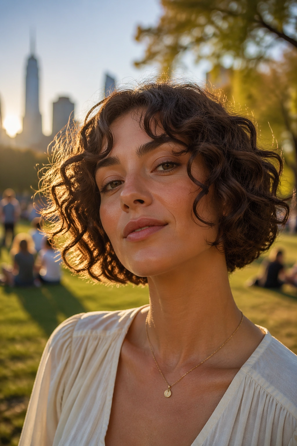 Hero outdoor shot of chin-length face-framing curls.