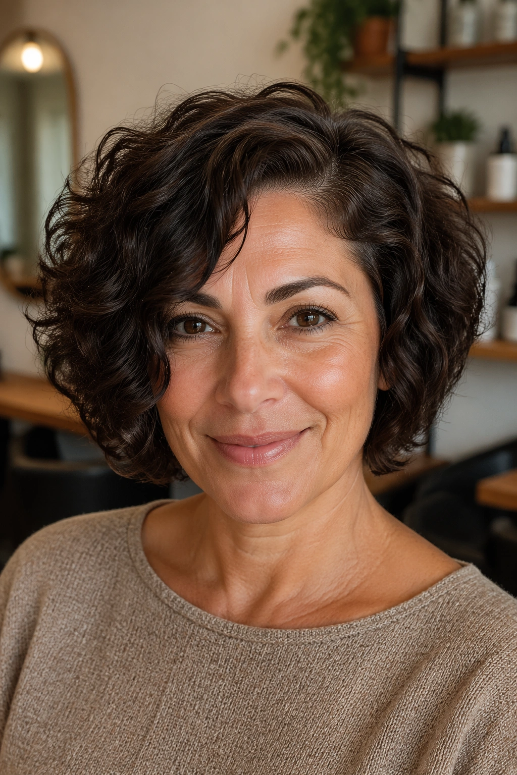 Close-up of woman with chin-length stacked bob side part in warm setting