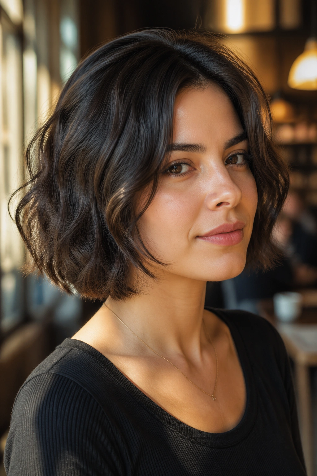 Close-up of a real woman with chin-length wavy bob invisible layers in warm cafe light