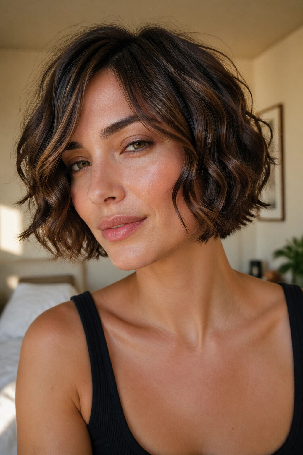 Close-up portrait of a real woman with a chin-length wavy bob and jawline framing waves