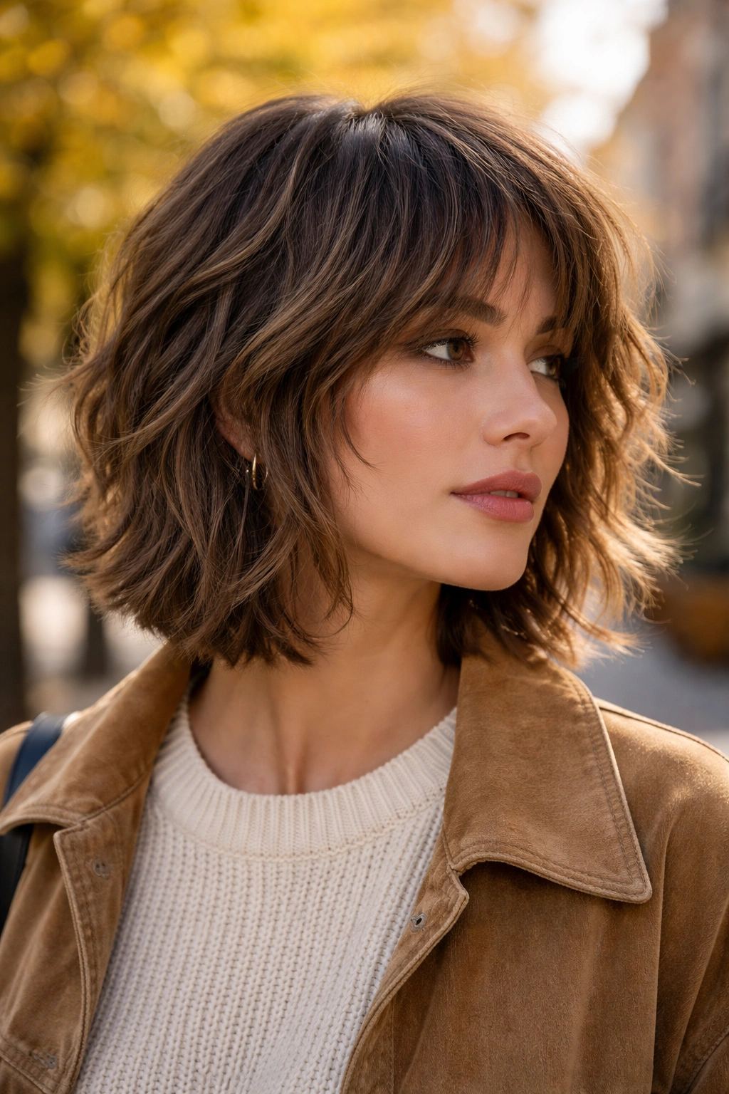 Close-up portrait of a real woman with chin-length jagged wolf cut