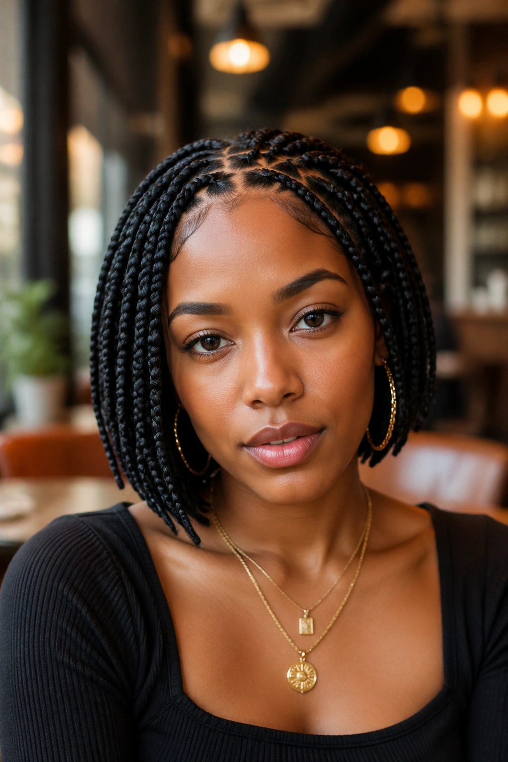 Close-up of real woman with chin-length zigzag box braids in a sharp bob