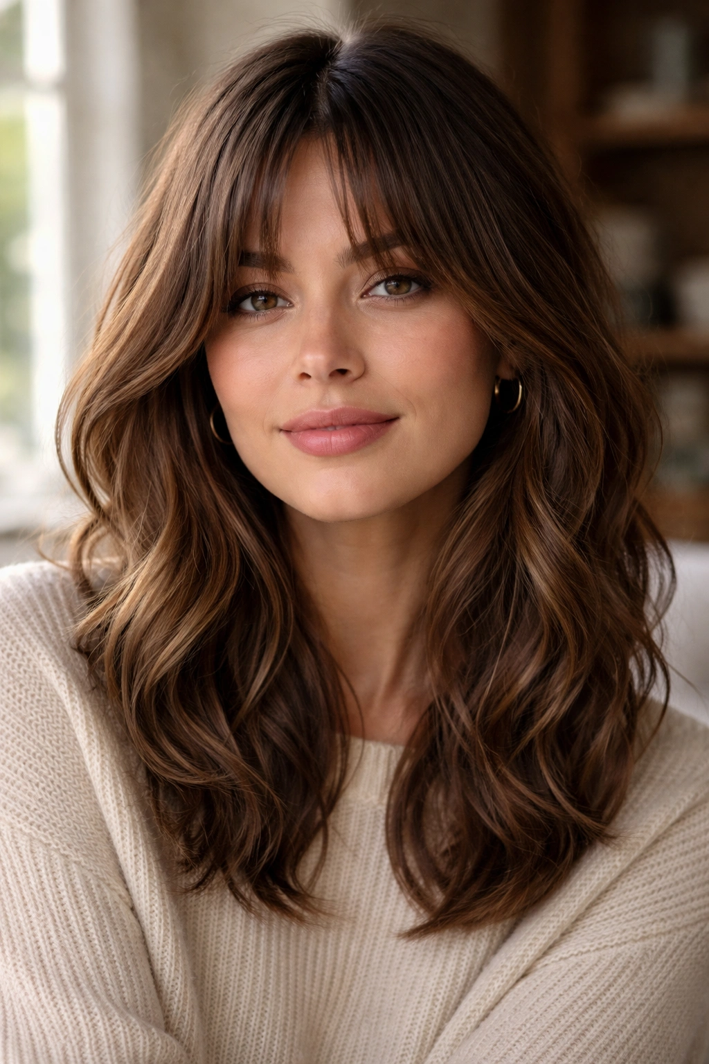 Close-up of a woman with chin-skimming curtain bangs.