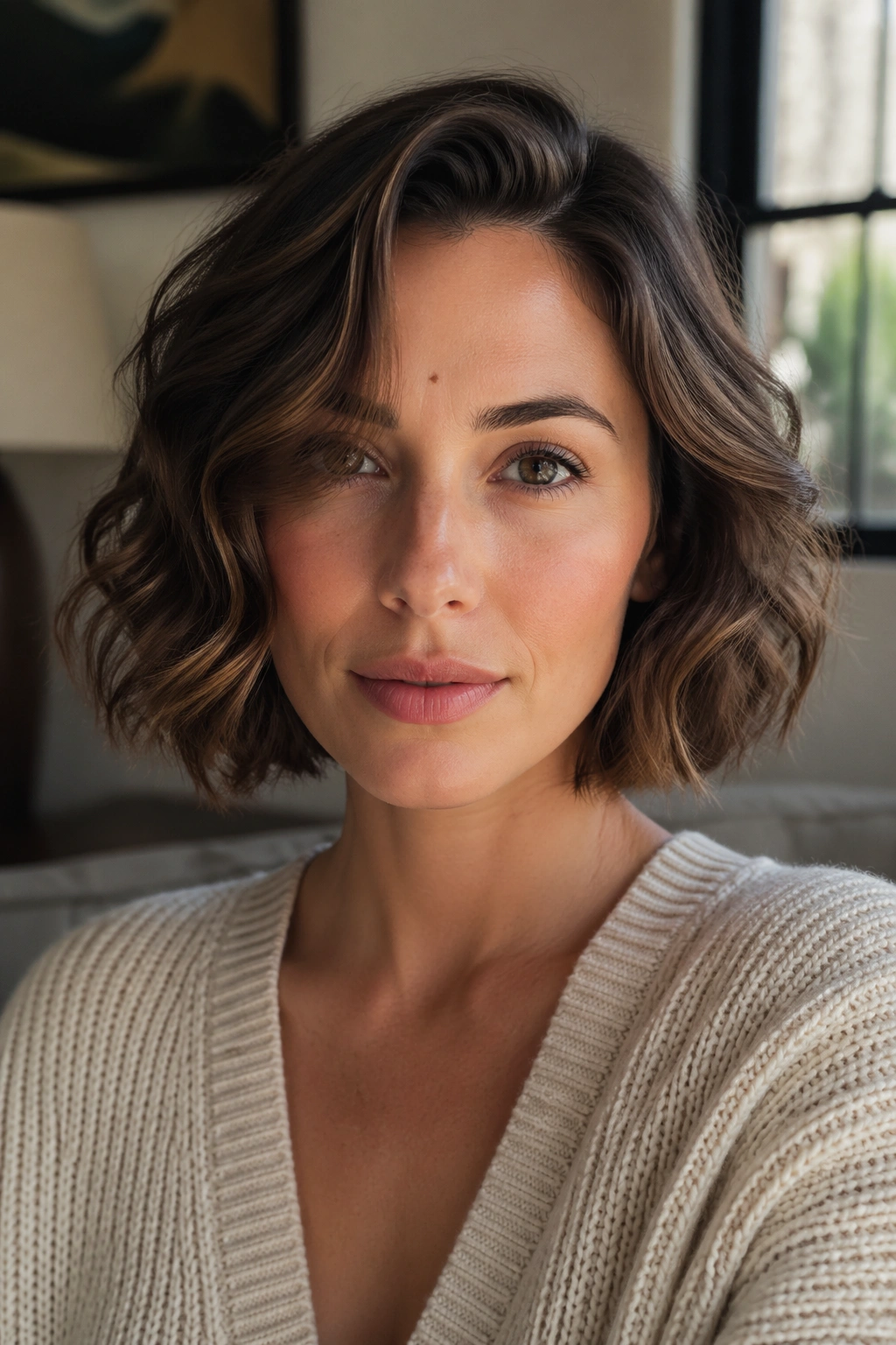 Close-up portrait of a real person with chin-skimming waves and cheekbone volume in warm living room light