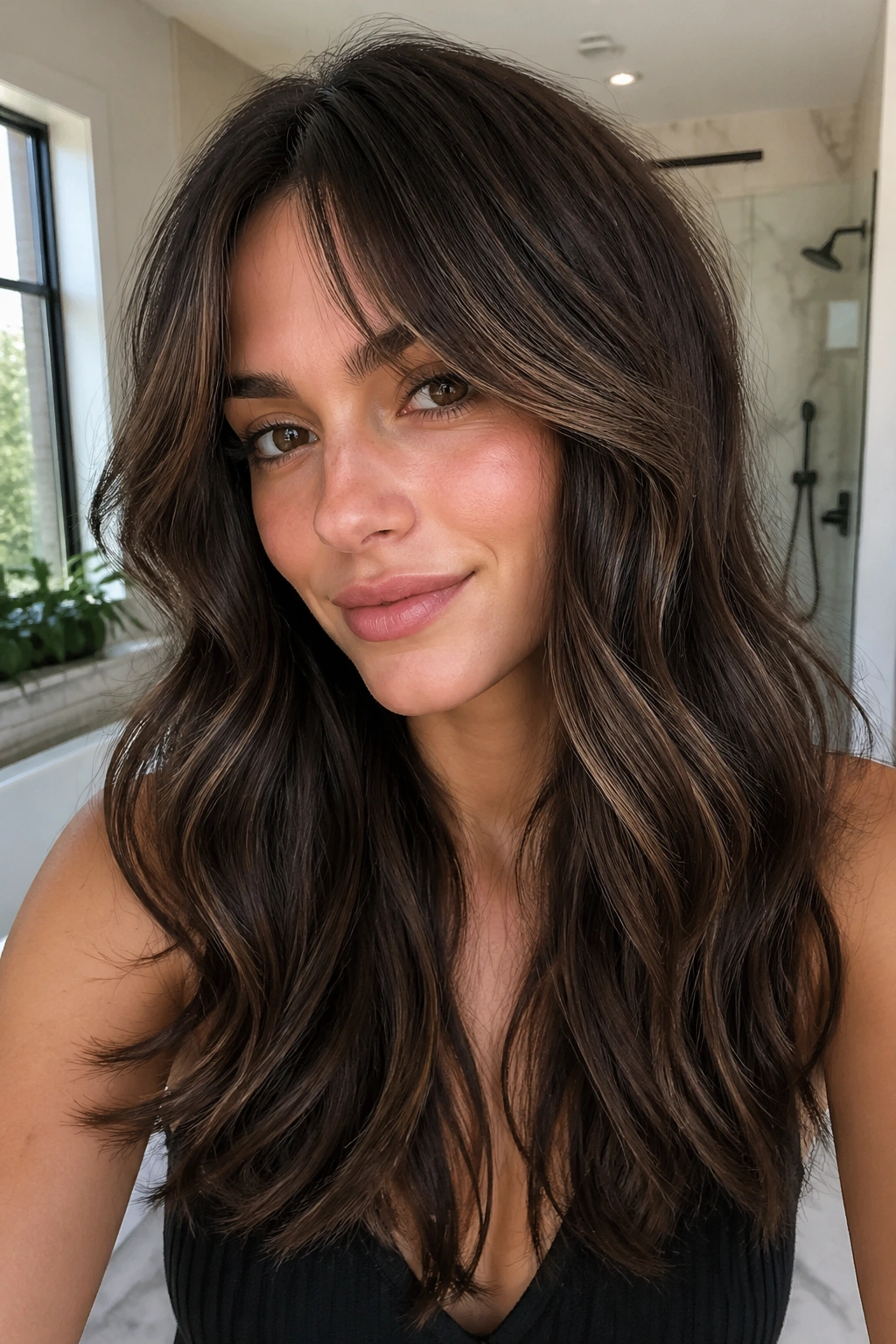 Portrait of a woman with chocolate balayage and feathered curtain bangs in soft bathroom lighting