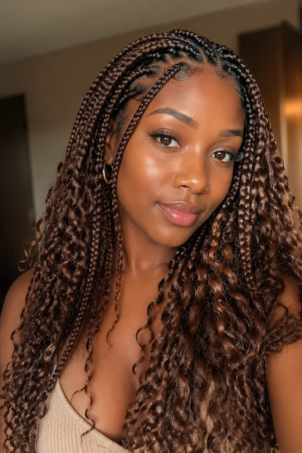 Close-up of a real woman with chocolate brown boho box braids in warm indoor light