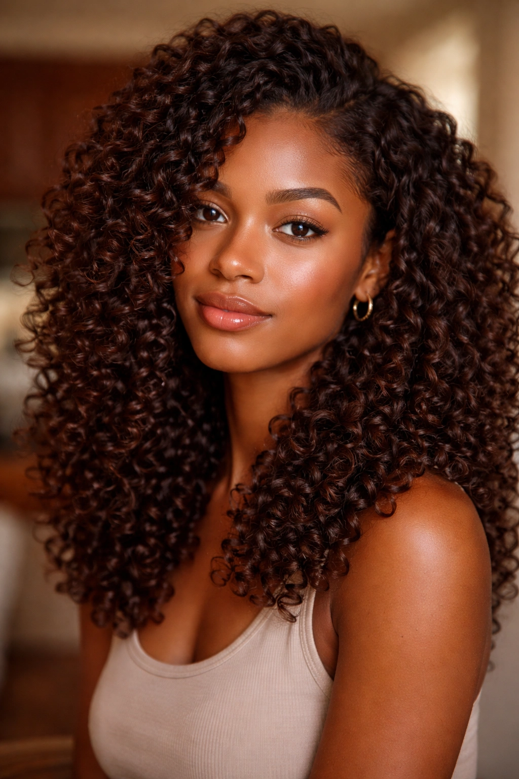 Rich chocolate brown curls with warm tones