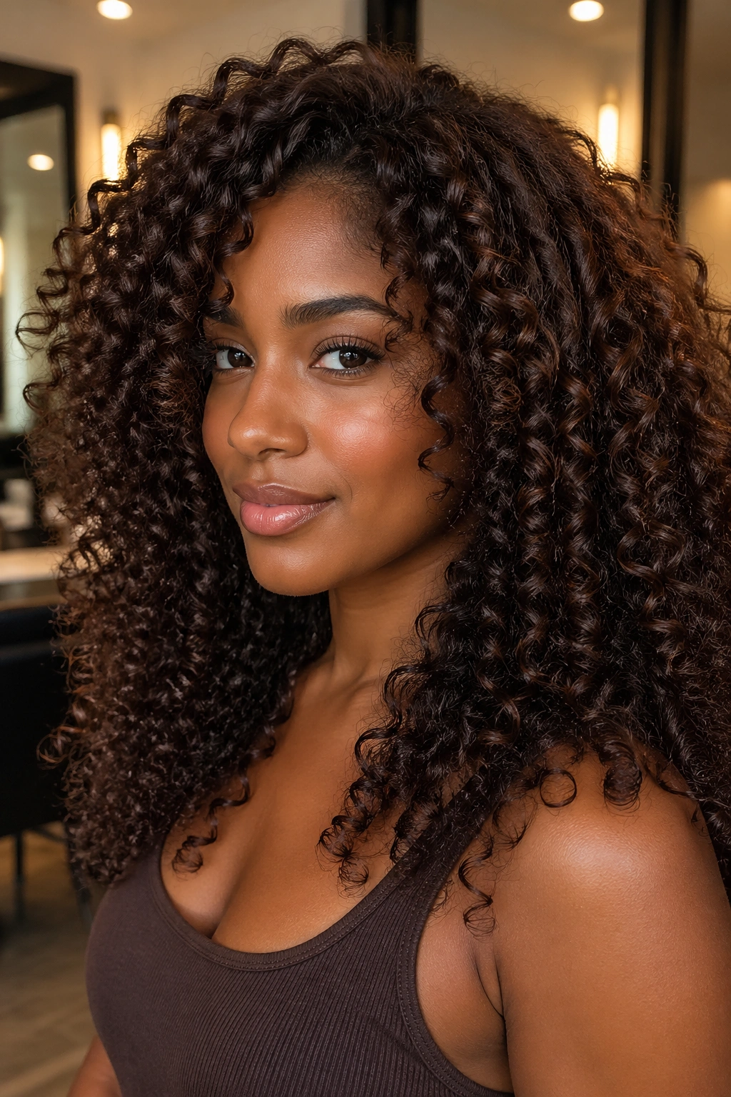 Close-up of a real person with glossy chocolate brown curls.