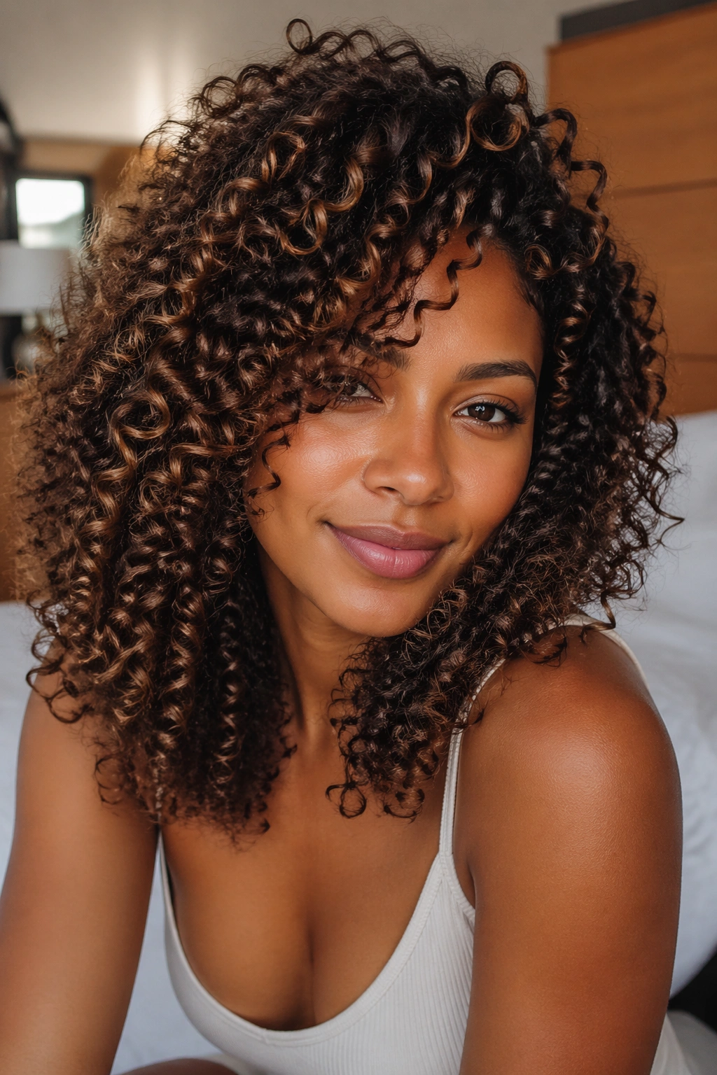 Close-up of a real woman with chocolate brown curls and caramel highlights.