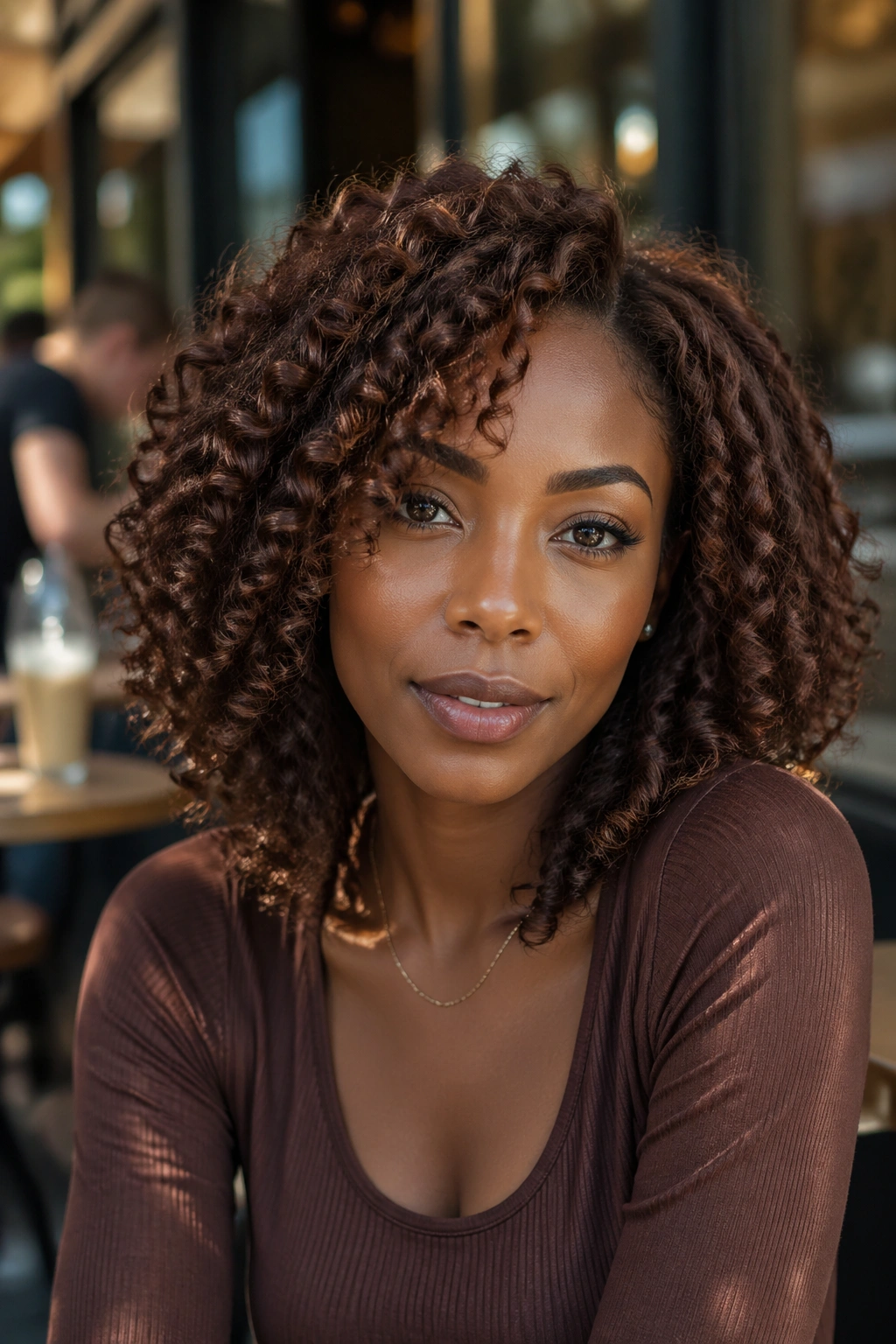 Close-up of a Black woman with chocolate brown curly hair in natural daylight