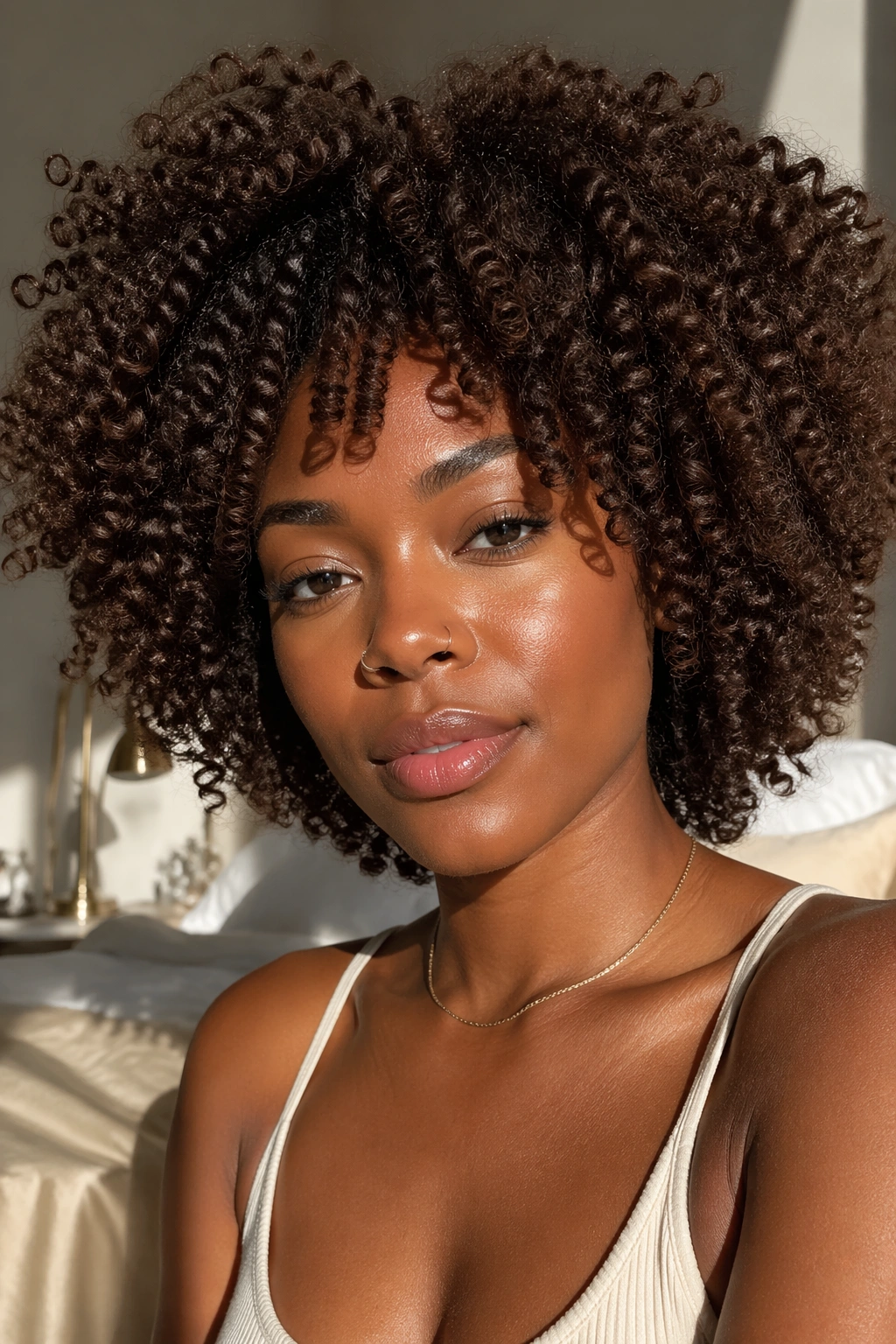 Close-up of a real woman with chocolate brown curly hair in warm window light