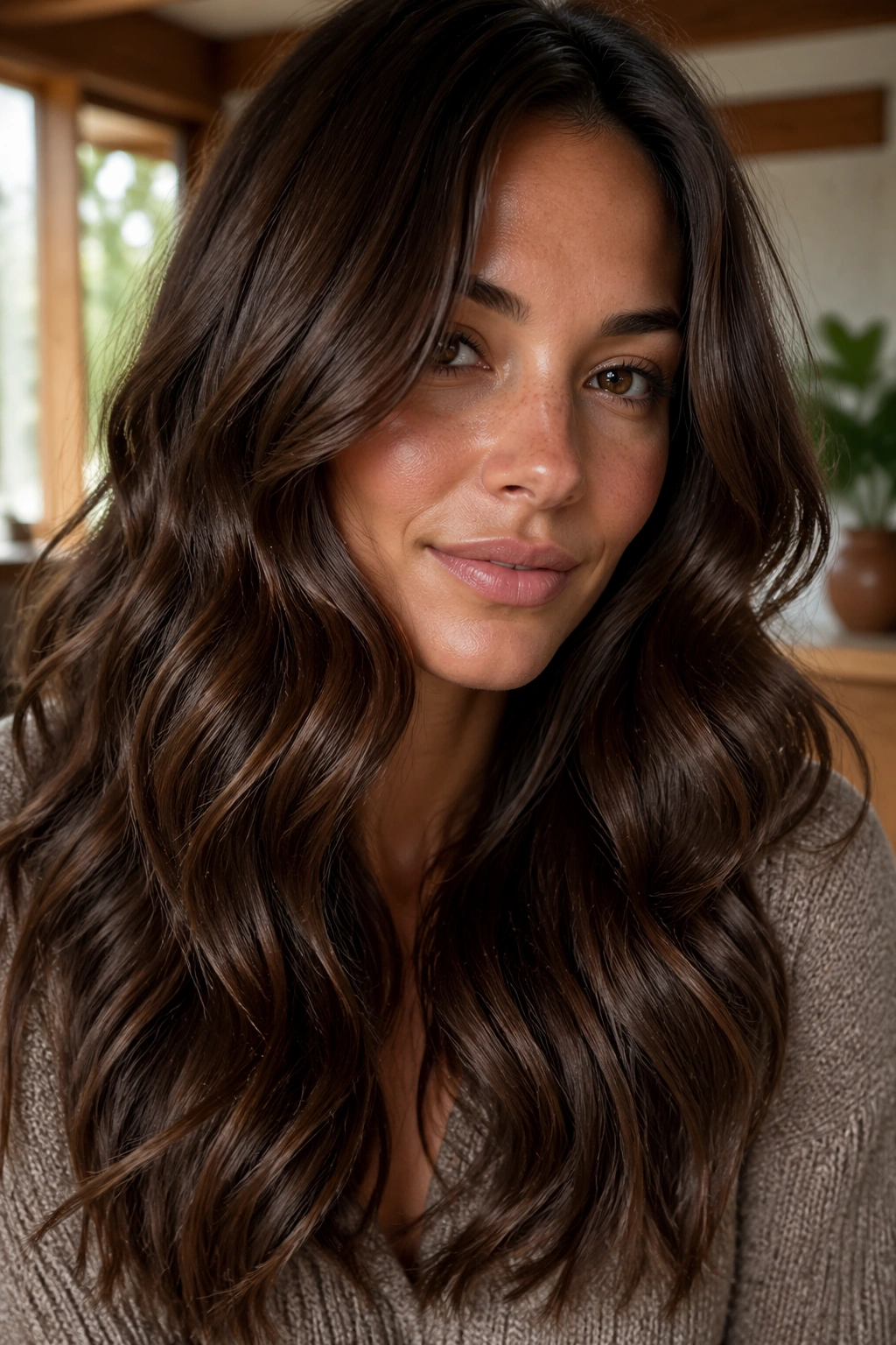 Close-up of a real woman with glossy chocolate brown wavy hair in natural light