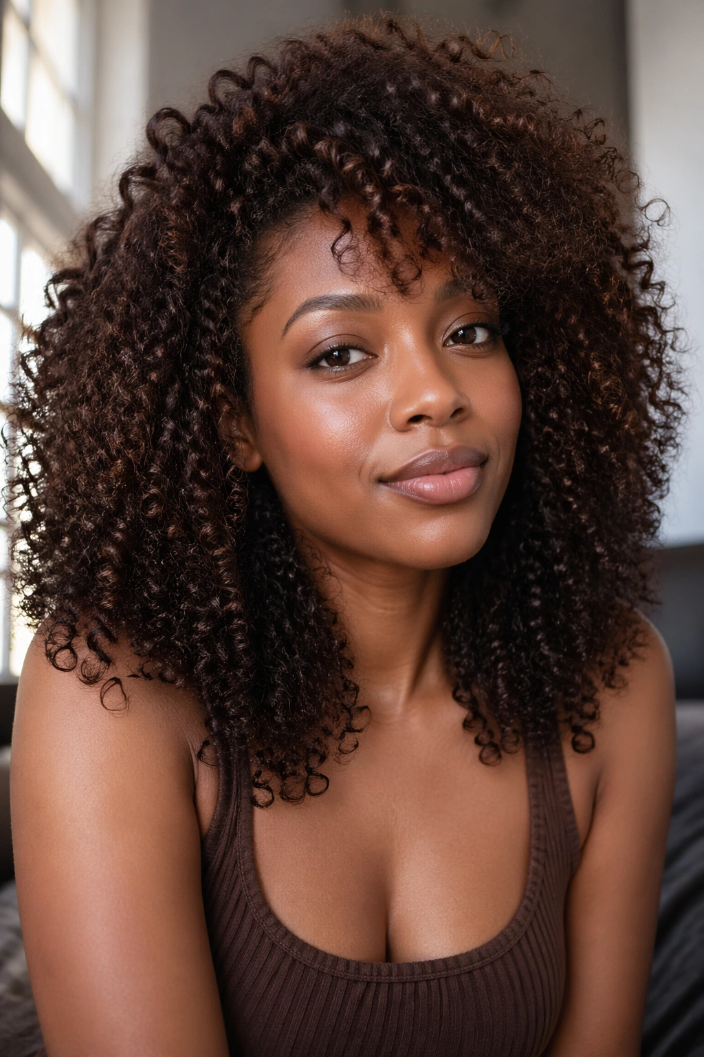 Close-up of a real woman with chocolate brown curls in warm indoor light