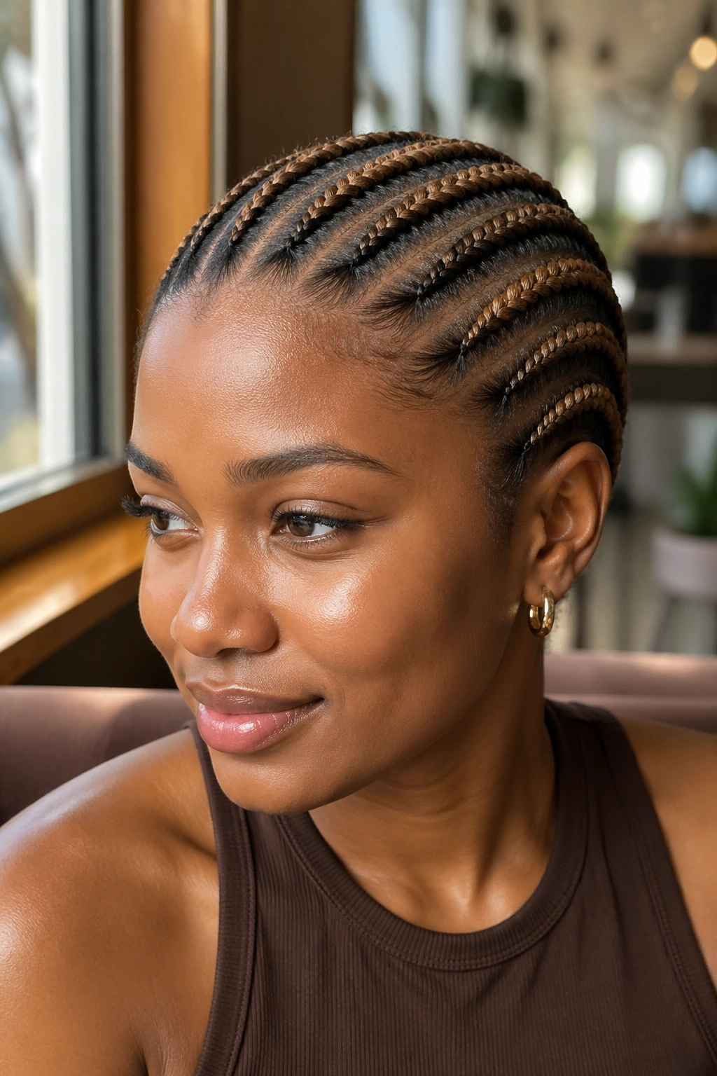 Close-up of a real woman with chocolate caramel stripe cornrows in a cafe setting