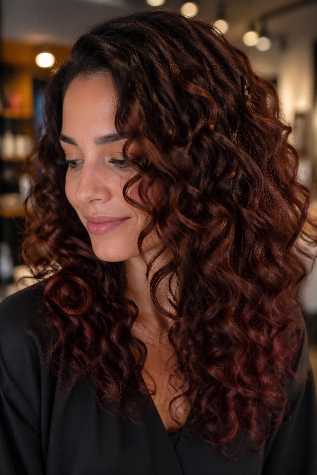 Close-up of curly hair with chocolate brown base and cherry glaze in mid-lengths and ends
