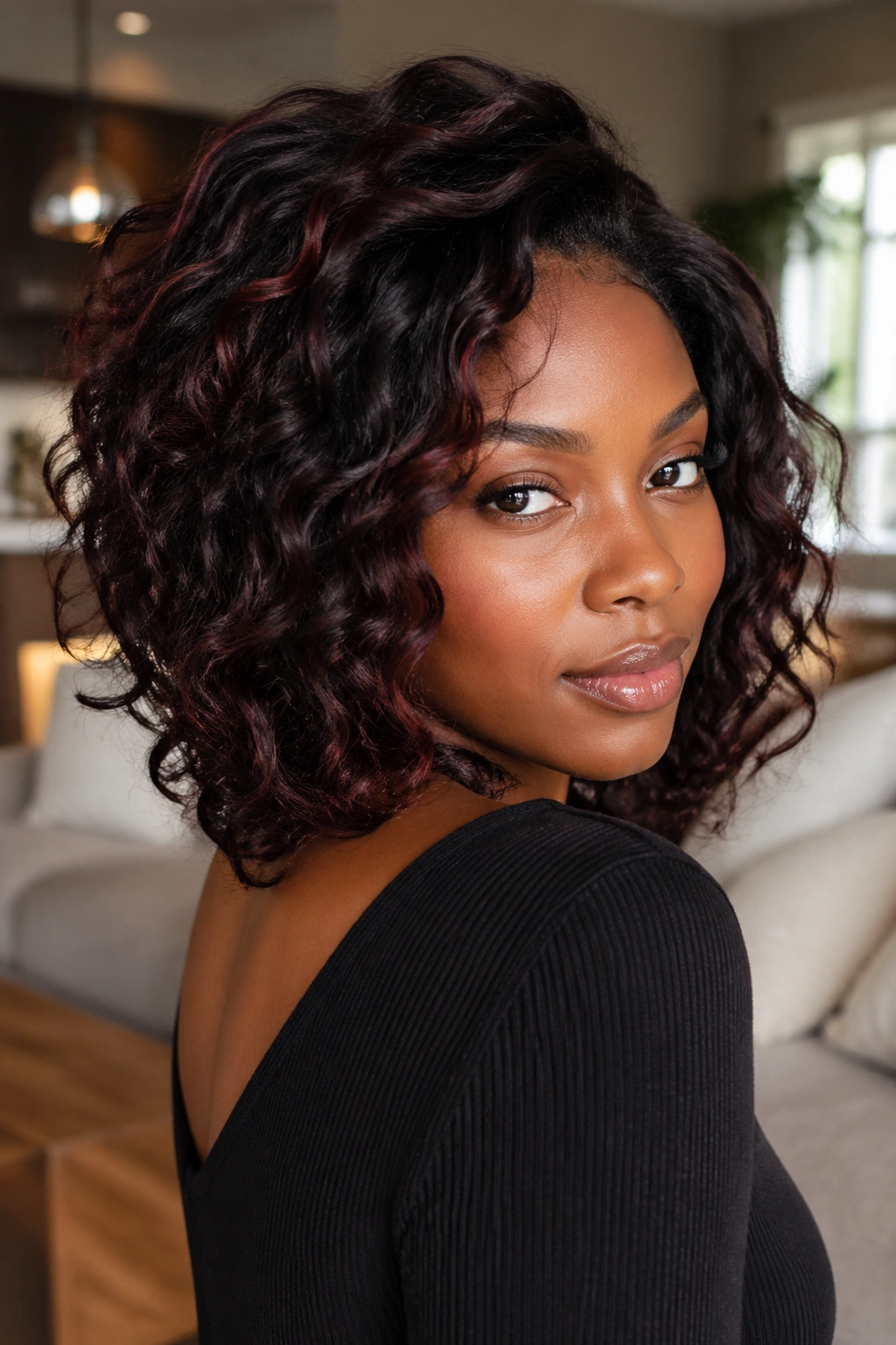 Close-up of Black woman's dark hair with chocolate cherry highlights in warm light