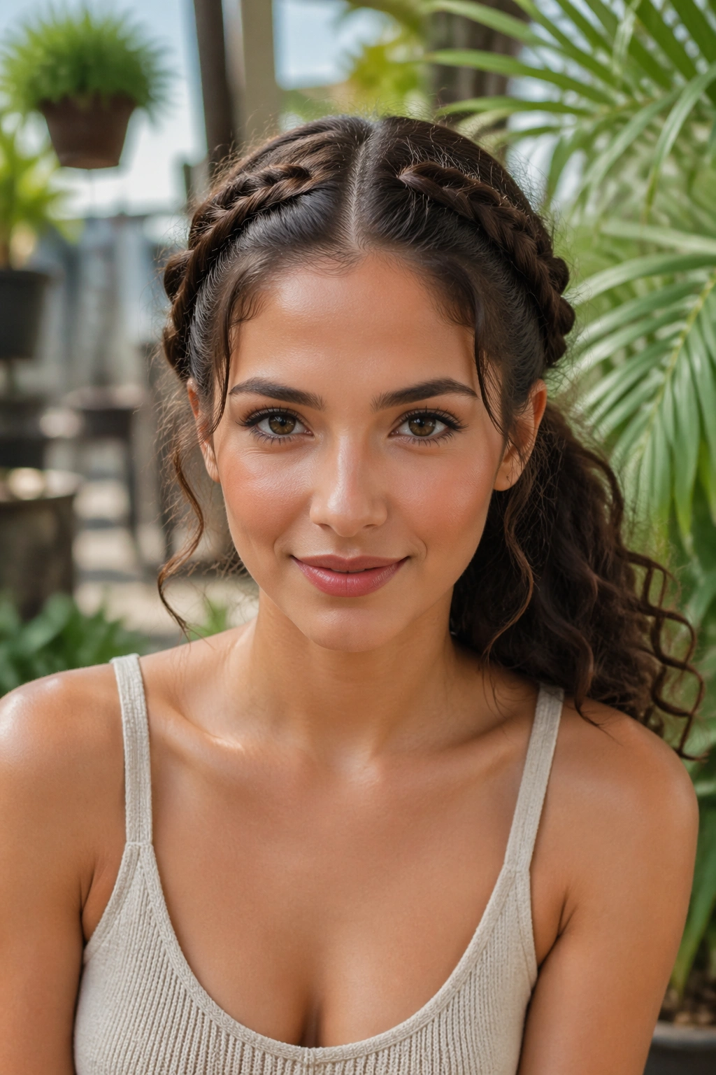 Front portrait of a real woman with a chocolate brown crown-braid ponytail and mid ponytail.