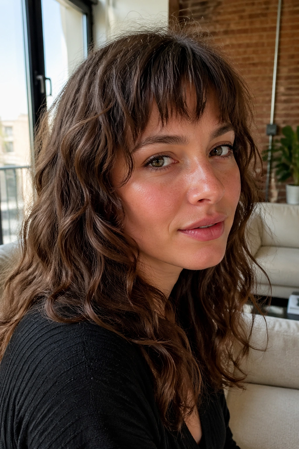 Close-up portrait of a real person with jagged razor-cut bangs on thick, wavy hair