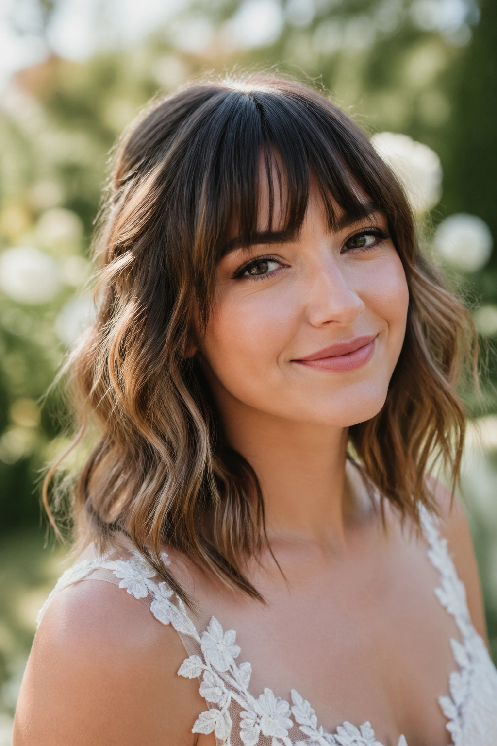 Bride with shoulder-length waves and choppy bangs outdoors