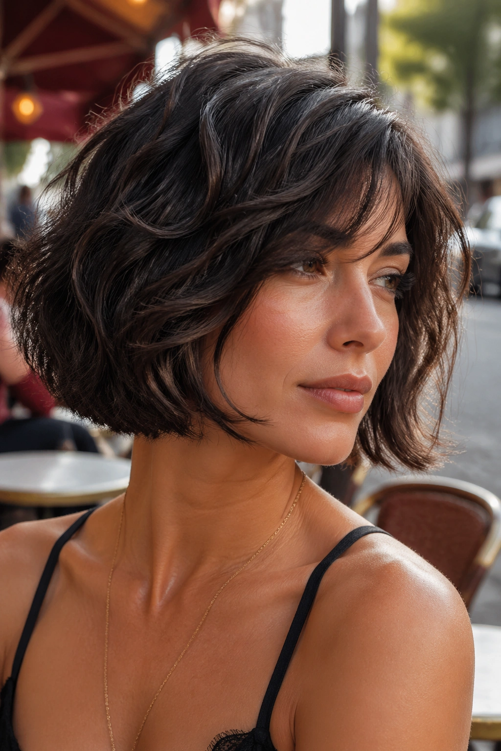 Portrait of a real woman with a choppy bob and piecey layers in golden hour light.