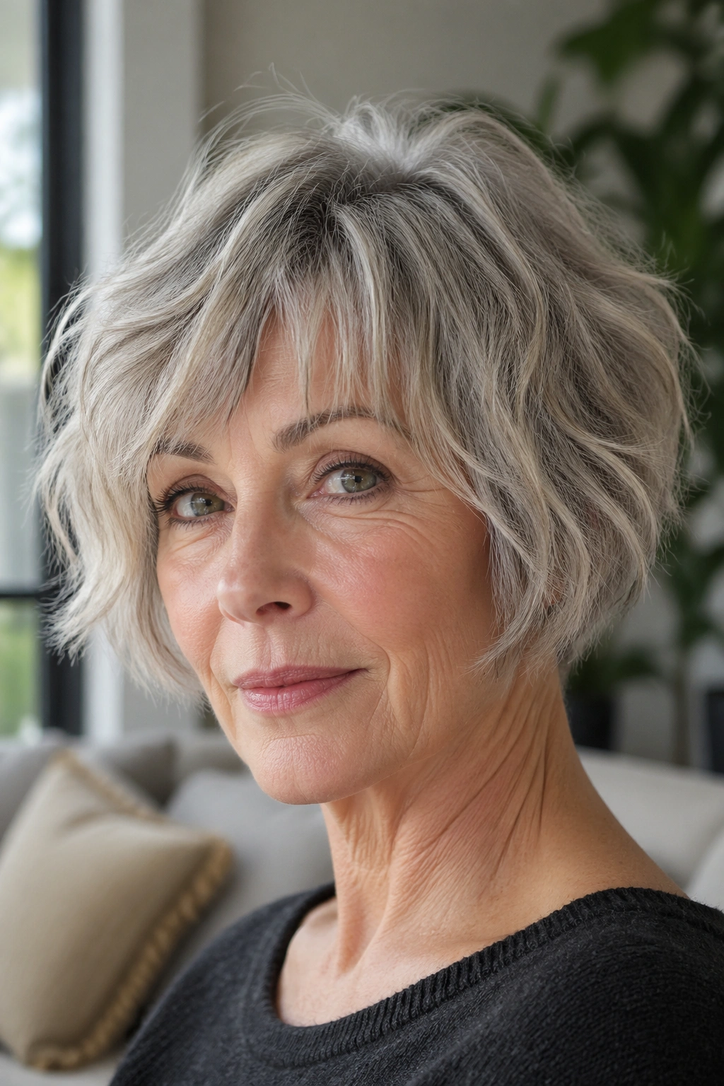 Close-up portrait of a real woman with a choppy bob and piecey texture in waves