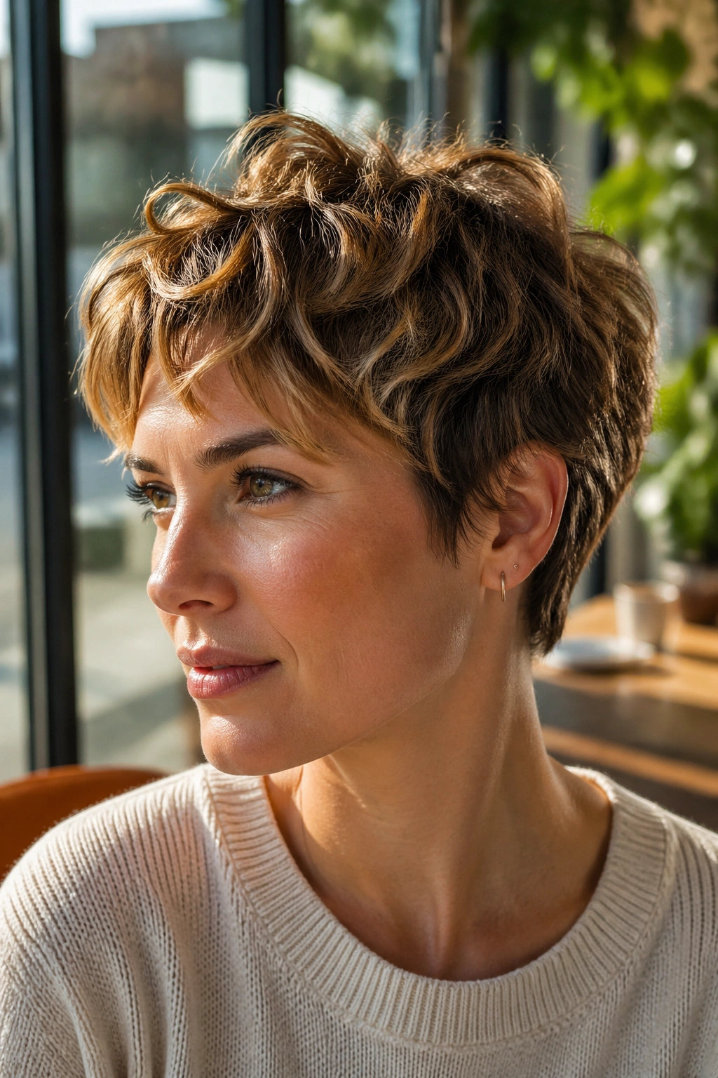 Close-up of real woman with choppy crown pixie lifting wave at crown