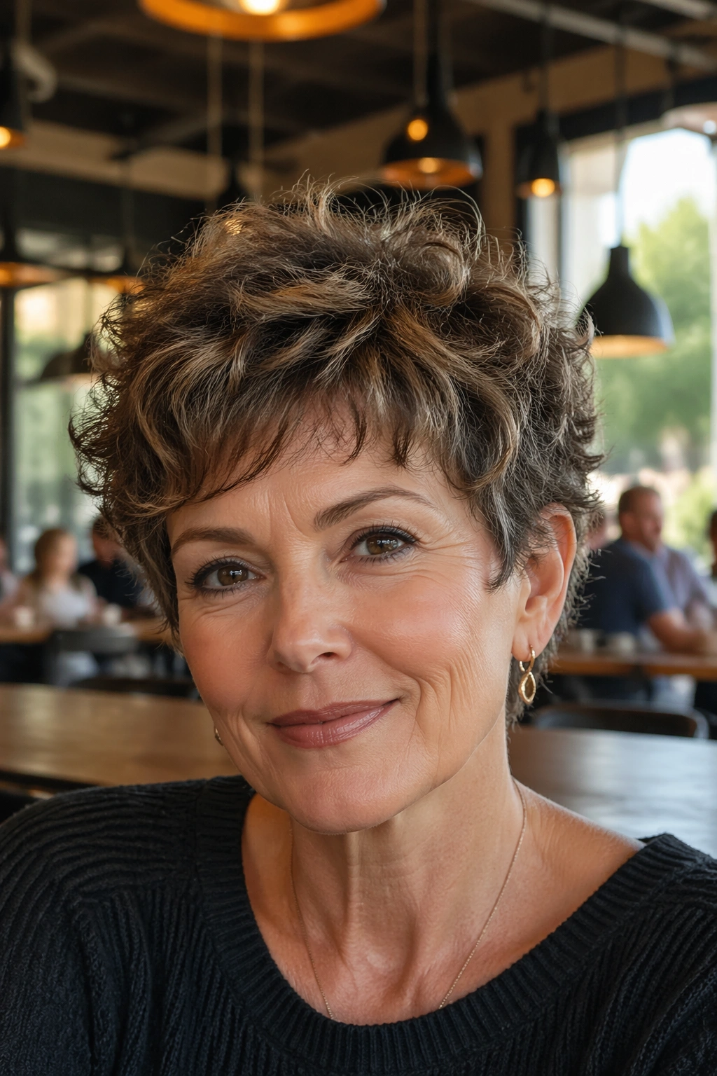 Real woman with a choppy curly pixie and piecey ends