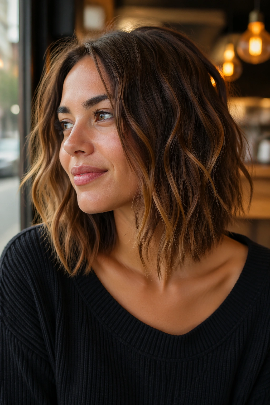 Close-up of a real woman with choppy ends lob hairstyle