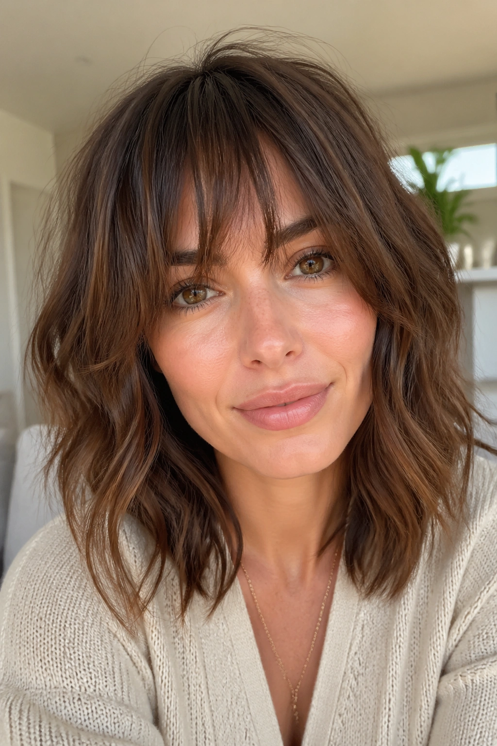 Close-up of a real woman with choppy fringe and internal layers