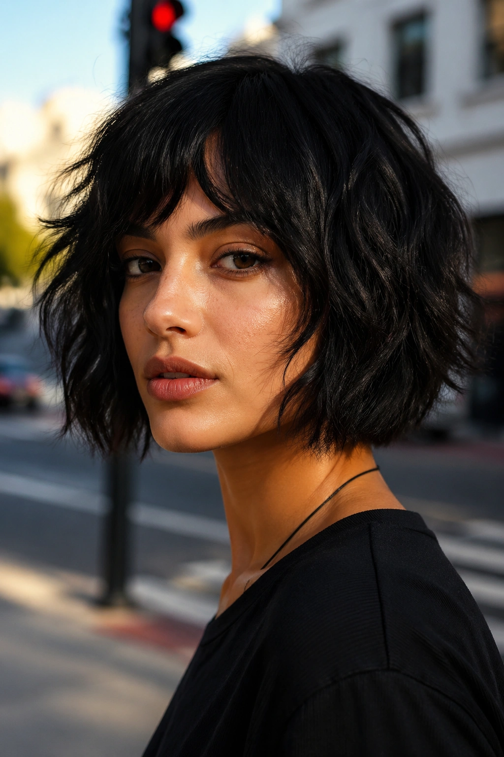 Portrait of a real woman with a dark choppy layered bob.