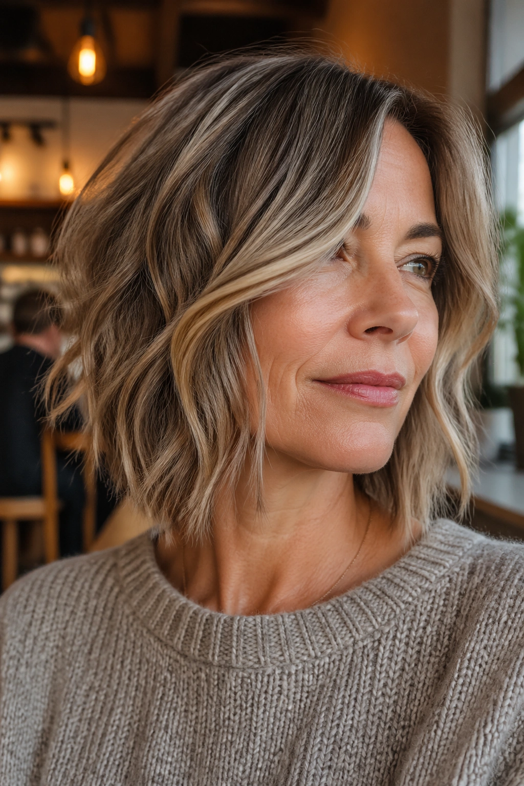 Close-up portrait of a woman with a choppy lob and face-framing layers