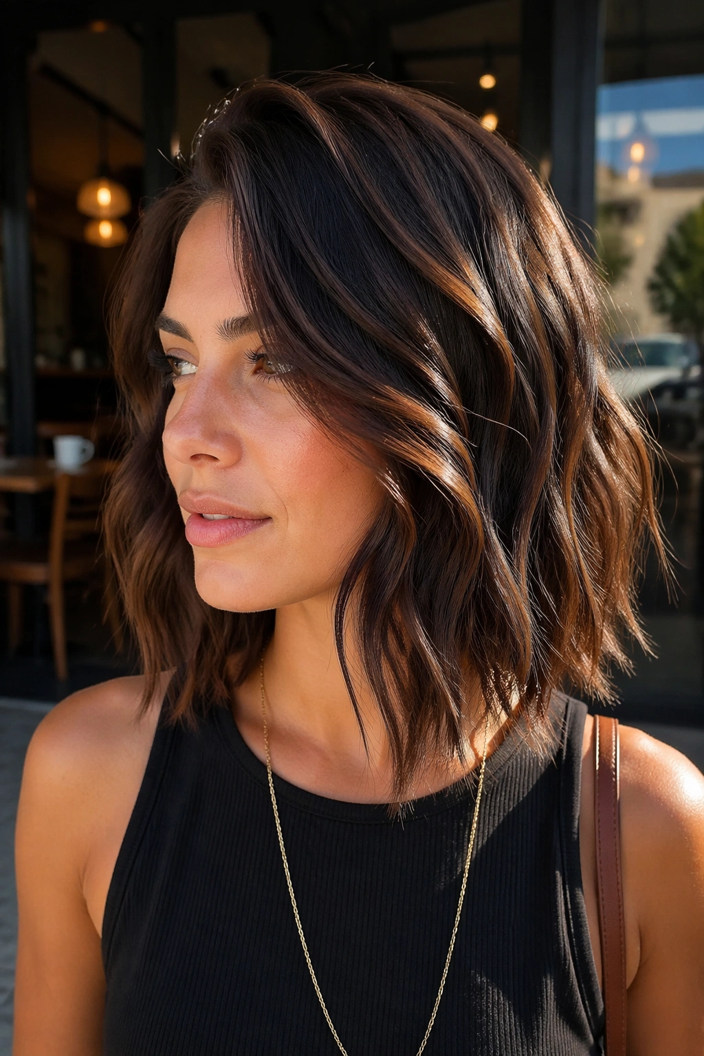Real woman with a choppy mid-length lob and tapered ends