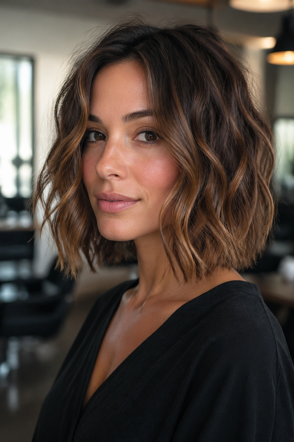 Close-up of a real person with a collarbone-length lob and choppy ends in a modern salon
