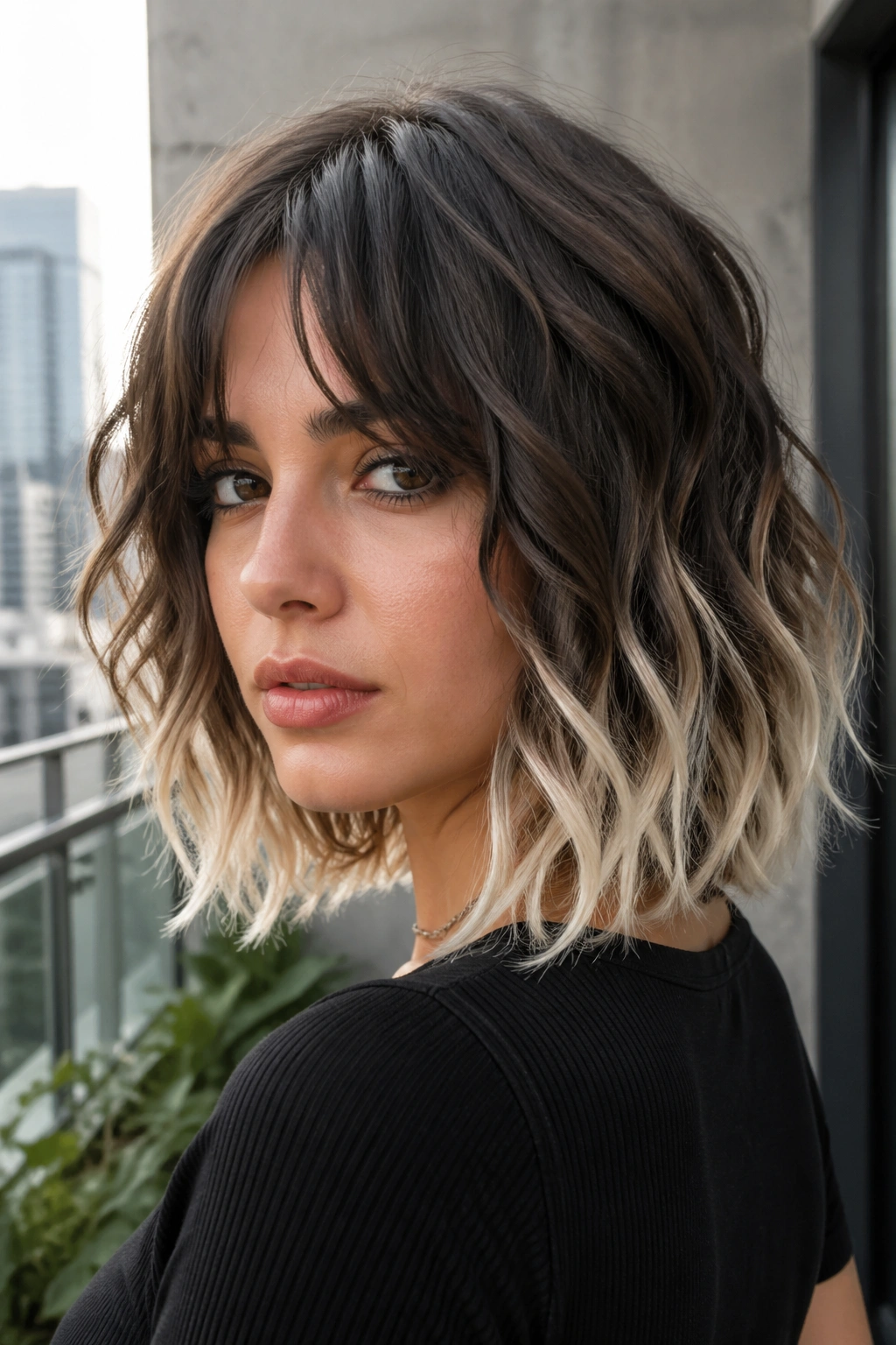 Real person with choppy midi hair and platinum ends in urban balcony setting
