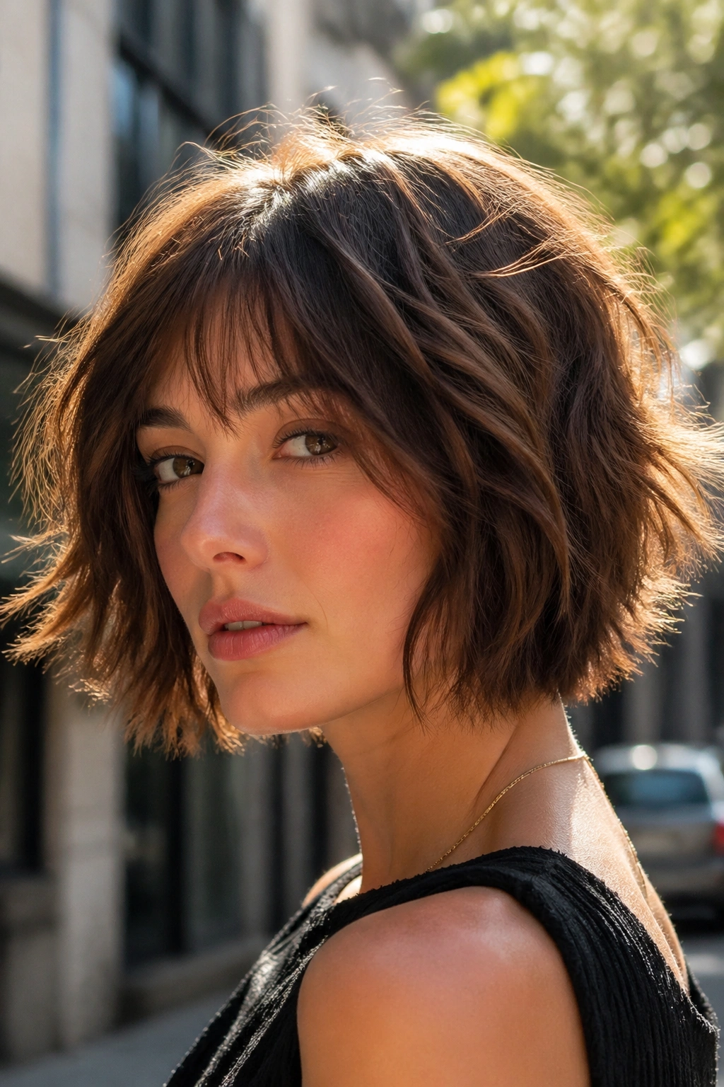 Close-up portrait of a woman with a choppy bob and razor-cut ends