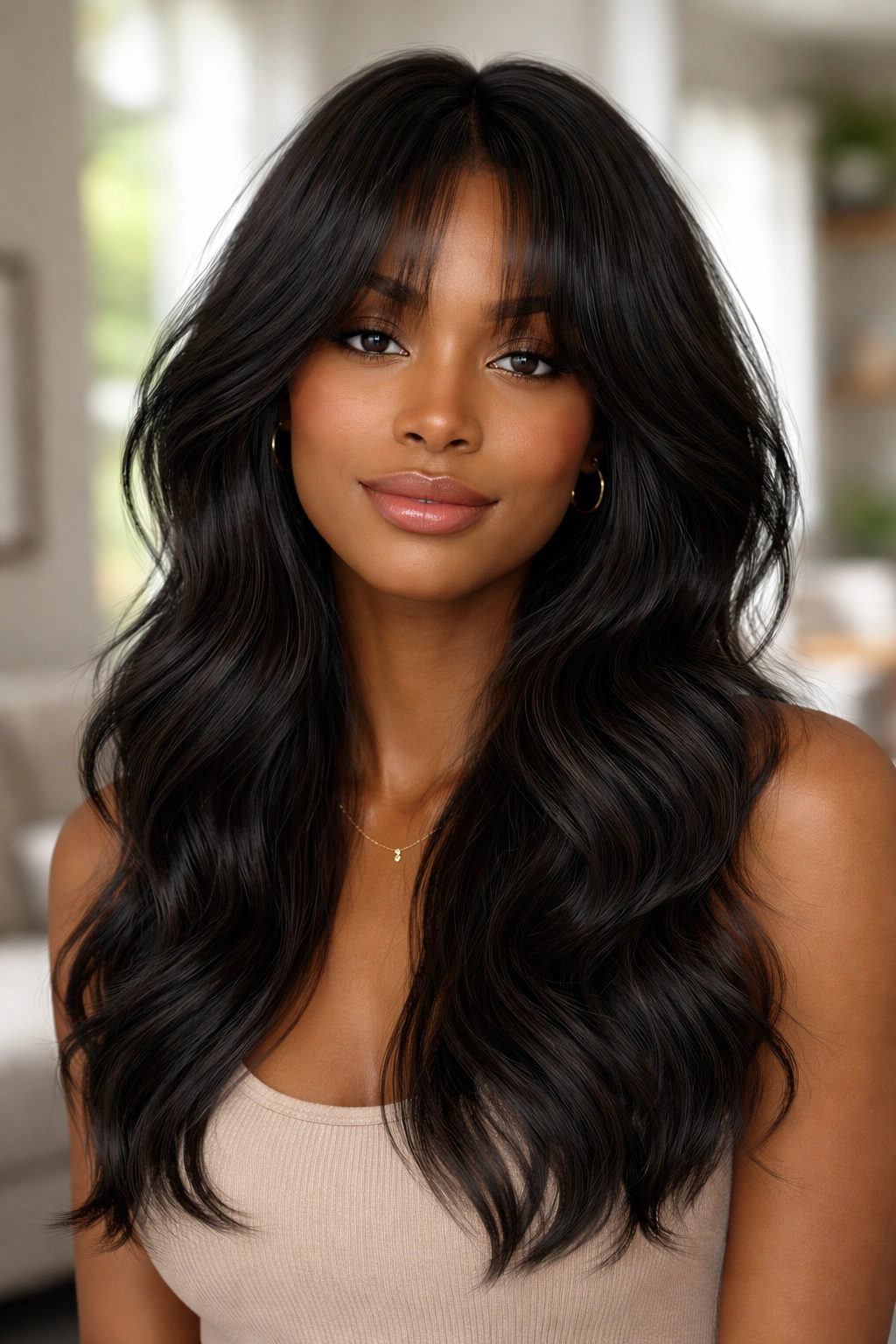 Close-up of a woman with choppy textured waves and grown-out curtain bangs.